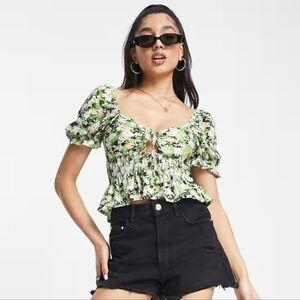 Miss Selfridge 4 Y2K Coquette Girl Peasant Boho Festival Tie Front Smocked Top